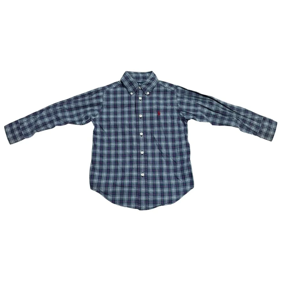 Ralph Lauren Button Down Shirt Boys Size 4/4T Blue Plaid Long Sleeve Pony Logo